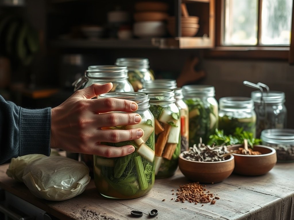Natuurlijke illustratie van handen die gefermenteerde groenten bereiden in een rustieke keuken, met jars en verse ingrediënten zoals kool in aardetinten en zacht daglicht.