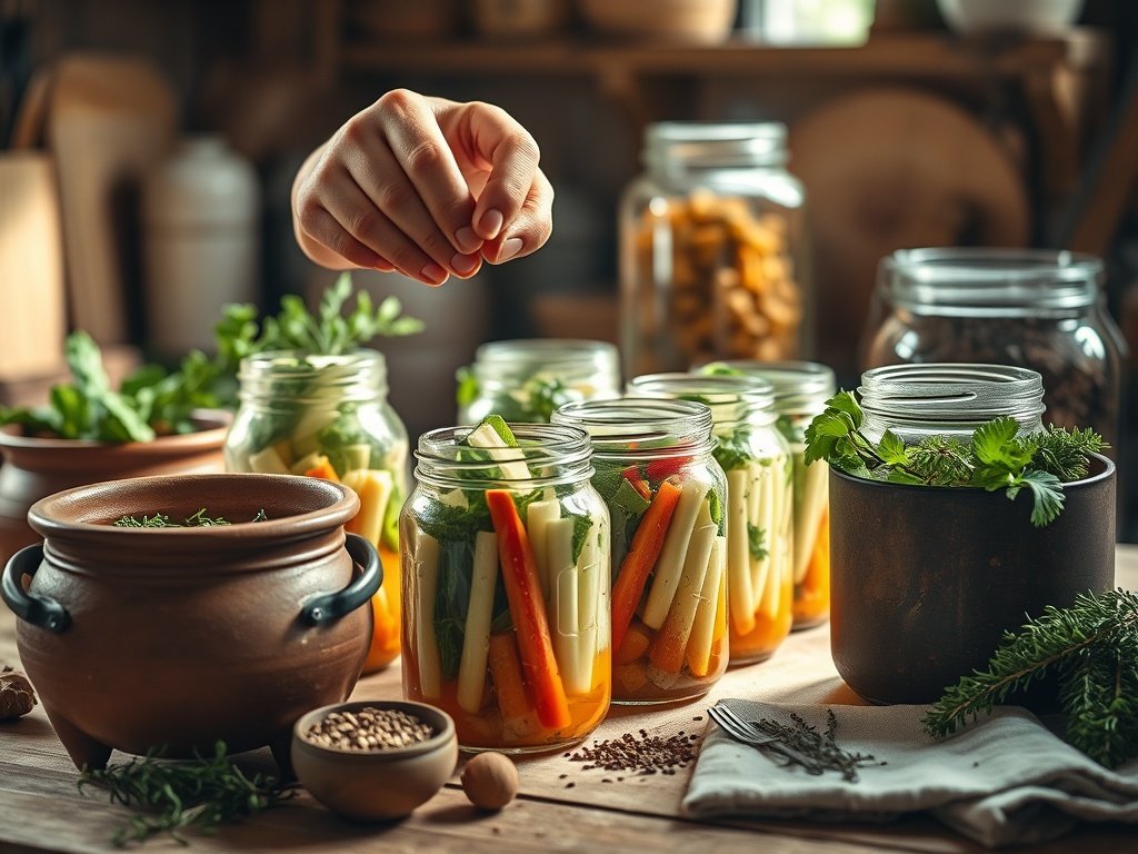 Close-up van handen die verse groenten in glazen potten verpakken tijdens een fermentatieproces in een gezellige keuken, omringd door kruiden en specerijen in sfeervol, natuurlijk licht.