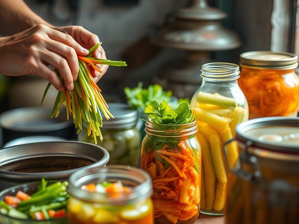 Close-up van handen die groenten voorbereiden voor kimchi, met kleurige fermentatie-ingrediënten in traditionele keramische potten en glazen containers, alles in een serene, goed verlichte keuken.