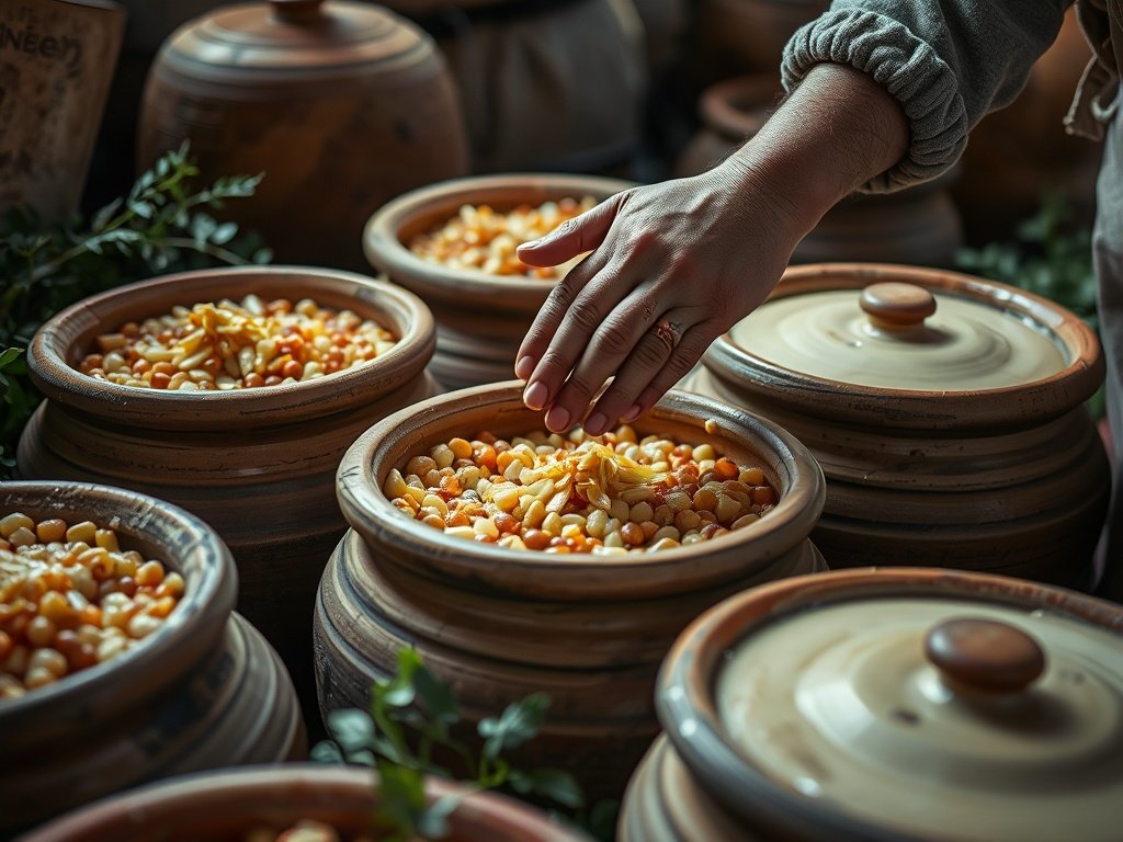Close-up van handgemaakte keramische potten gevuld met groenten en kruiden die fermenteren in een Europese werkplaats, omgeven door aardetinten en natuurlijke groenen.