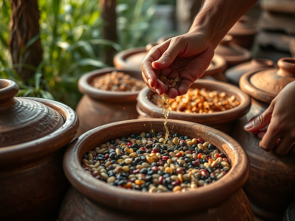 Close-up van traditionele Afrikaanse fermentatieprocessen in een authentieke keuken, met handgeplukte ingrediënten zoals vruchten en granen in keramische potten, verlicht door zacht daglicht.