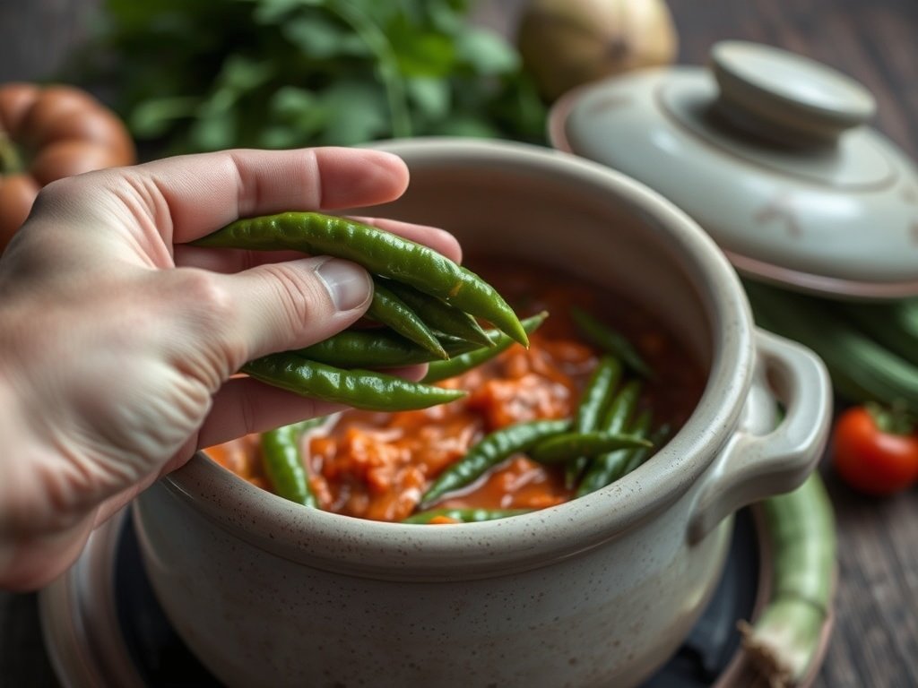 Close-up van een hand die groene chili's toevoegt aan een keramische pot voor fermentatie, omgeven door aardetinten en natuurlijke groenen.