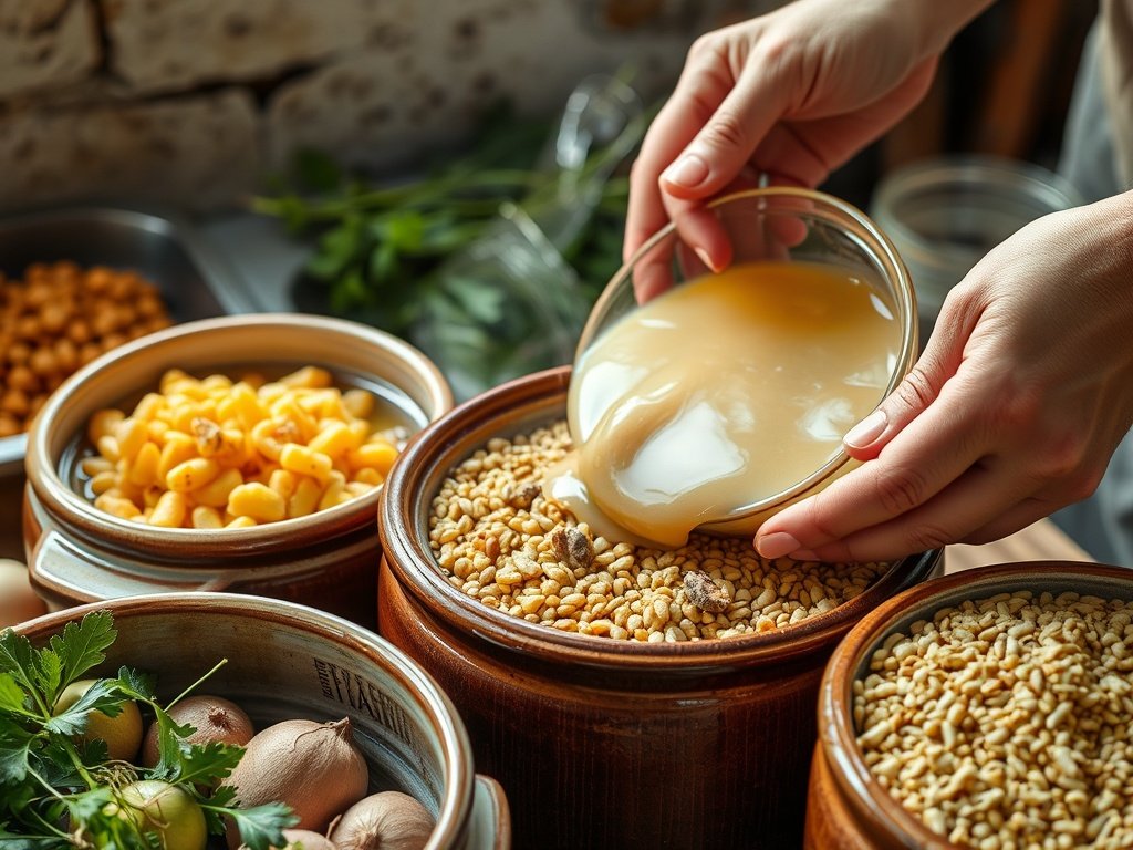Realistische foto van het fermentatieproces in een rustieke keuken, met close-ups van rauwe groenten en kruiden in keramische kommen, en handen die fermentaties aanmaken, verlicht door zacht daglicht.
