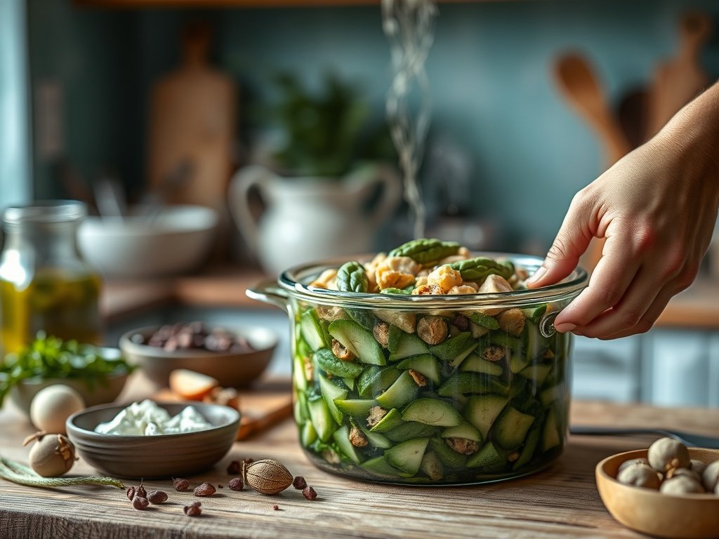 Realistische illustratie van een fermentatieproces in een gezellige keuken, met close-ups van handen die kleurrijke groenten in een glazen pot plaatsen.