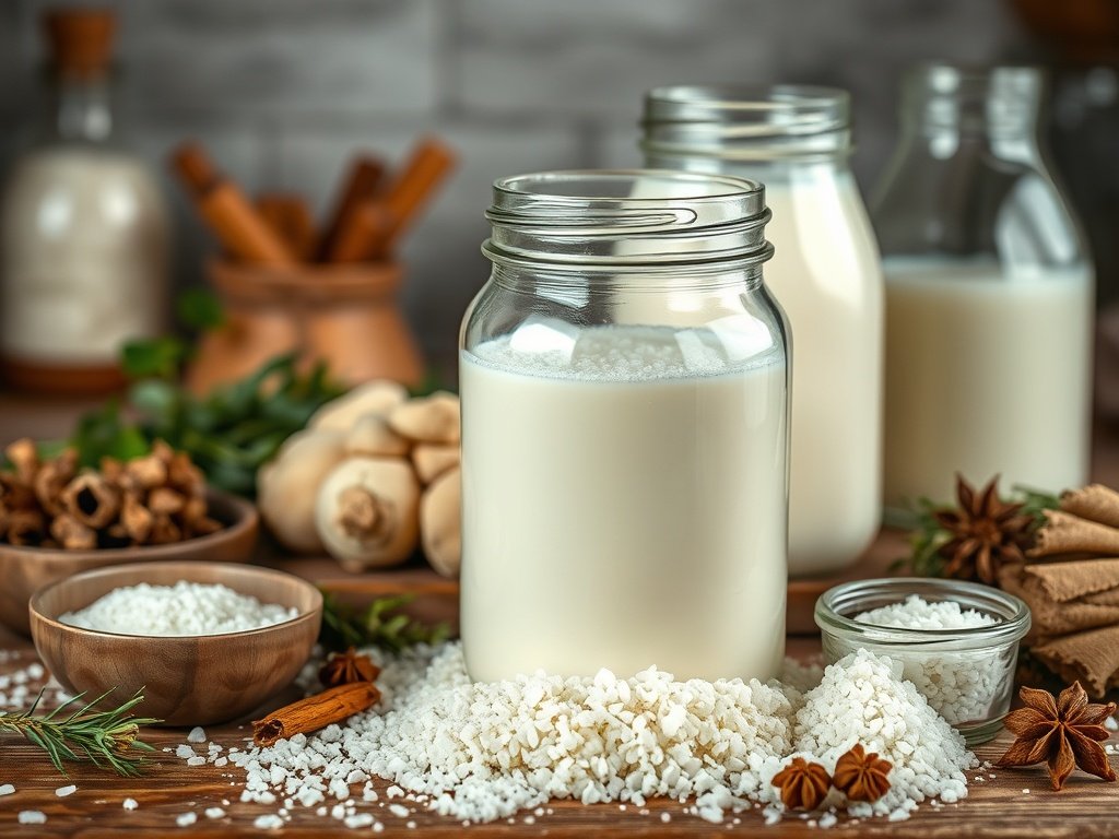 Realistische close-up van het fermentatieproces van kefir met granen in een glazen pot, omgeven door verse melk en aardse ingrediënten in een rustieke keuken.
