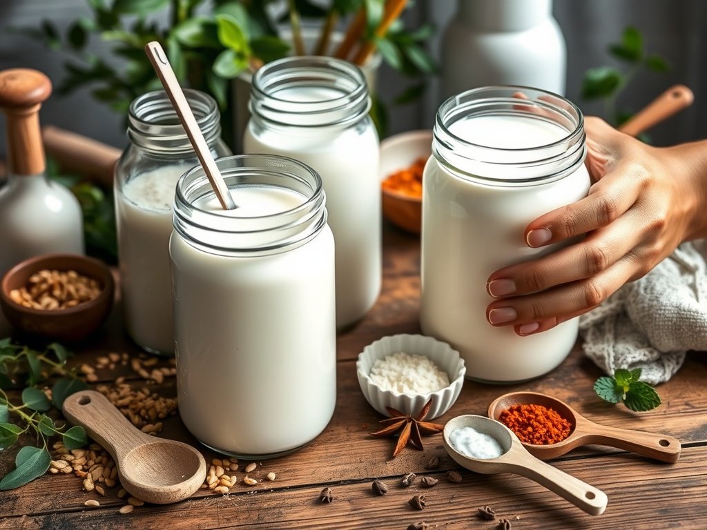 Close-up van glazen potten met melk-kefir en waterkefir op een houten tafel, omringd door natuurlijke elementen en keramieke gebruiksvoorwerpen, waarbij de texturen en ingrediënten van fermentatie duidelijk zichtbaar zijn.