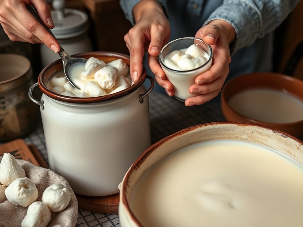 Close-up van kefirkorrels en melk in keramische potten, met aandacht voor het fermentatieproces van melk-kefir en waterkefir in een rustige keuken.