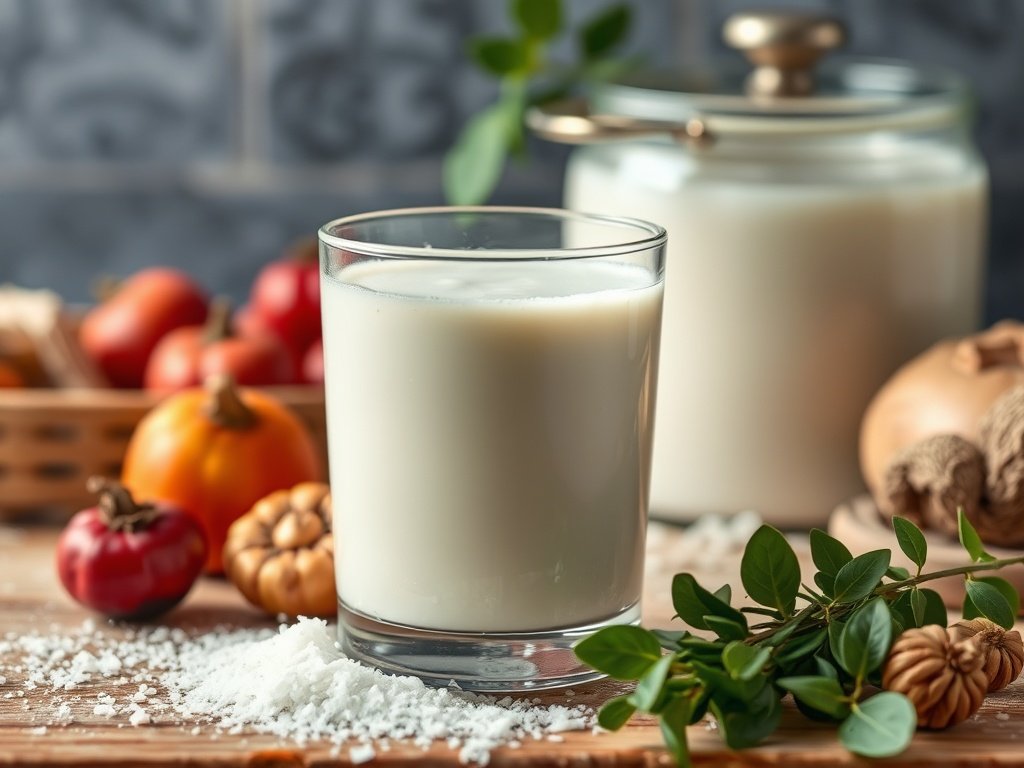 Close-up van een glas zelfgemaakte kefir met fermenterende melk op de achtergrond en verse ingrediënten zoals melk en kefirkorrels, verwarmd door sfeervol daglicht.