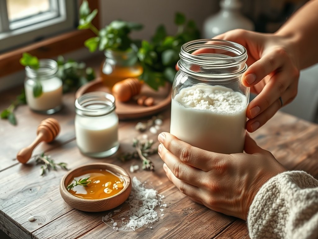 Kefirgranen in een glazen jar op een rustieke houten tafel, omringd door verse melk en natuurlijke ingrediënten zoals honing en kruiden.