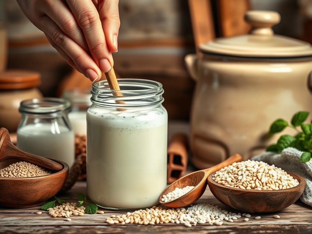 Close-up van een pot kefir met fermentatiebellen, omringd door verse melk en granen in een rustieke keuken, terwijl handen de kefir roeren en de natuurlijke texturen worden verlicht door zacht daglicht.