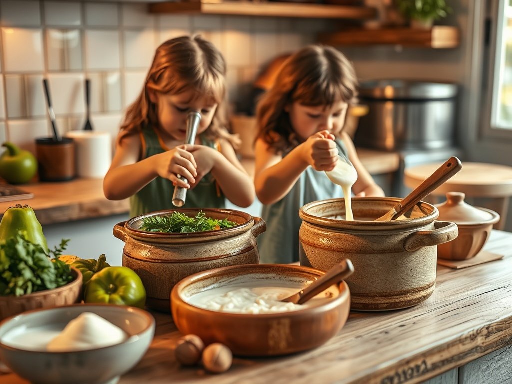 Kinderen bereiden kefir in een warme keuken, met close-ups van handen die ingrediënten in keramische potten mengen, verlicht door zacht daglicht.