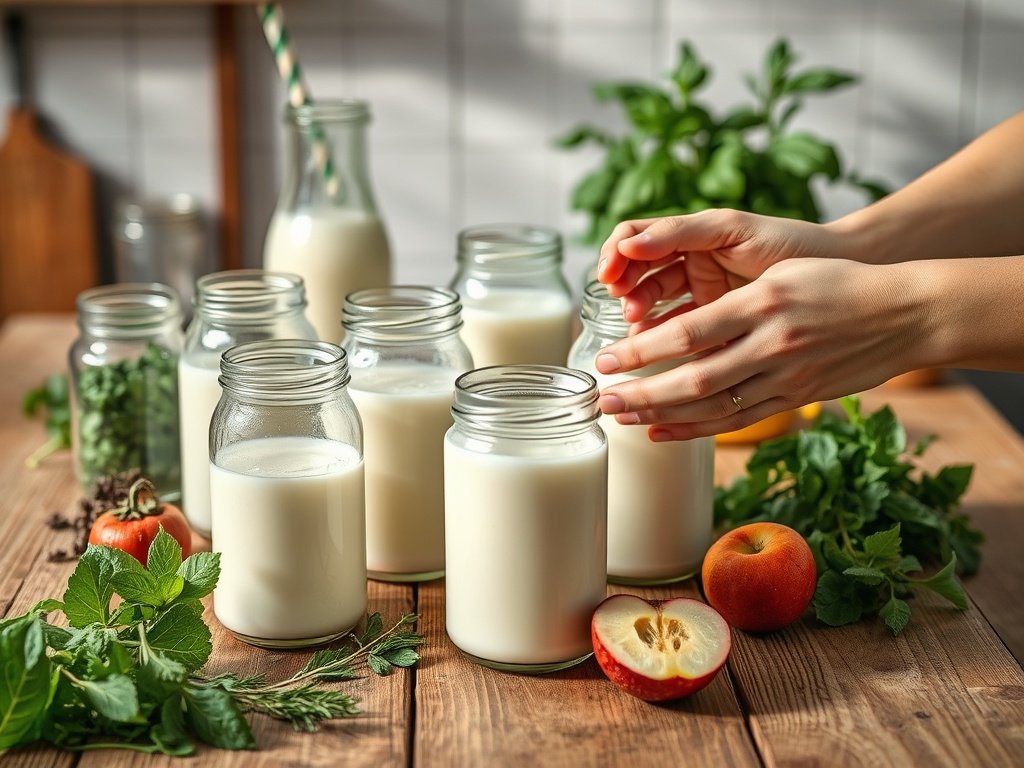 Realistische foto van een houten keukentafel met diverse kefirdranken in glazen potten, omgeven door verse ingrediënten zoals kruiden en fruit, verlicht door zacht natuurlijk licht.