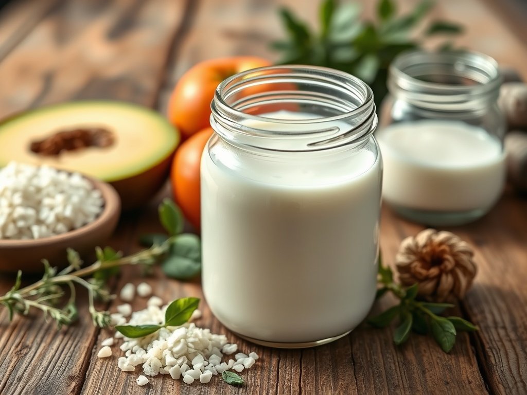 Close-up van kefirkorrels en verse melk in een glazen pot op een houten tafel, omringd door natuurlijke ingrediënten zoals fruit en kruiden, verlicht door zacht daglicht.