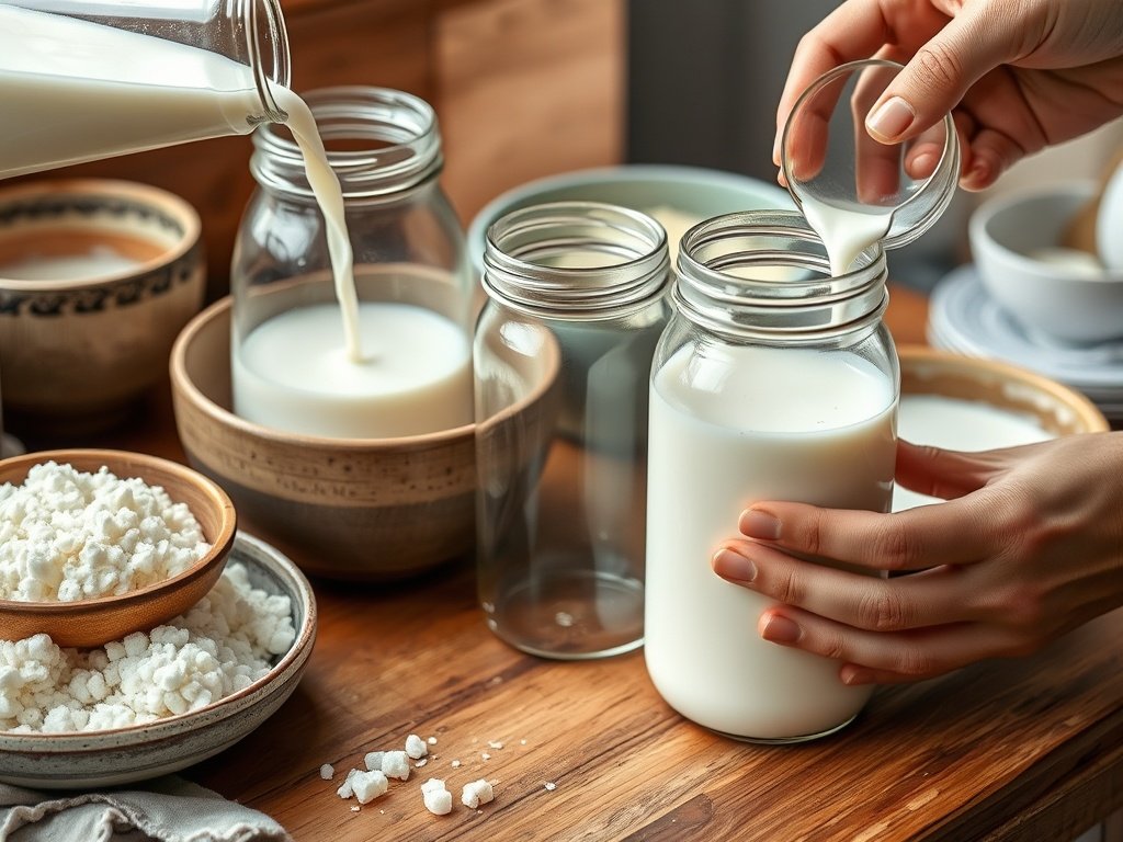 Realistische fotografie van het maken van kefir thuis, met close-ups van kefirkorrels in een glazen pot, verse melk die wordt ingeschonken, en handen die voorzichtig roeren, omringd door natuurlijke elementen zoals een houten aanrecht en keramische kommen.