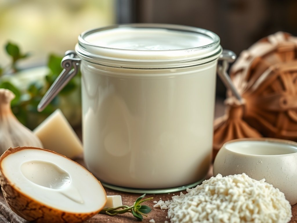 Close-up van een glazen pot kefir die fermenteert, omringd door verse kefirkorrels en melk, met een houten lepel en aardetinten die een natuurlijke sfeer creëren.