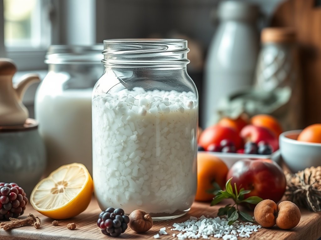 Close-up van kefirkorrels die fermenteren in een glazen pot, omringd door natuurlijke ingrediënten zoals melk en fruit, in een serene keuken met zachte daglicht.