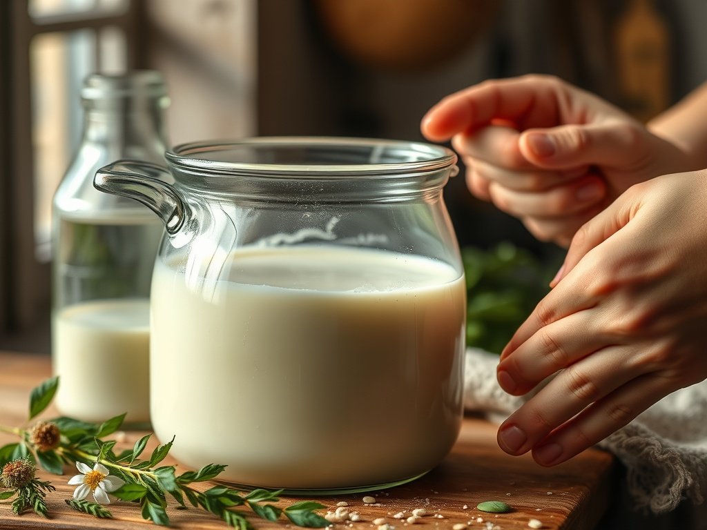 Close-up van een glazen pot met melk en kefirkorrels, verlicht door zacht daglicht, met handen die het mengsel roeren op een houten werkblad.
