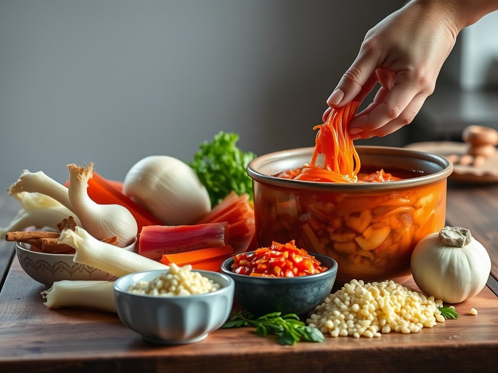 Ingrediënten voor kimchi, zoals Chinese kool, daikon radijs, en knoflook, zijn prachtig gerangschikt op een houten tafel in een natuurlijke keuken.
