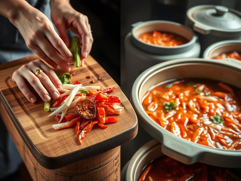 Close-up van ingrediënten voor kimchi, zoals napa kool en rode peper, terwijl handen alles mengen in een keramische kom, met potten waarin de kimchi fermenteert op de achtergrond.