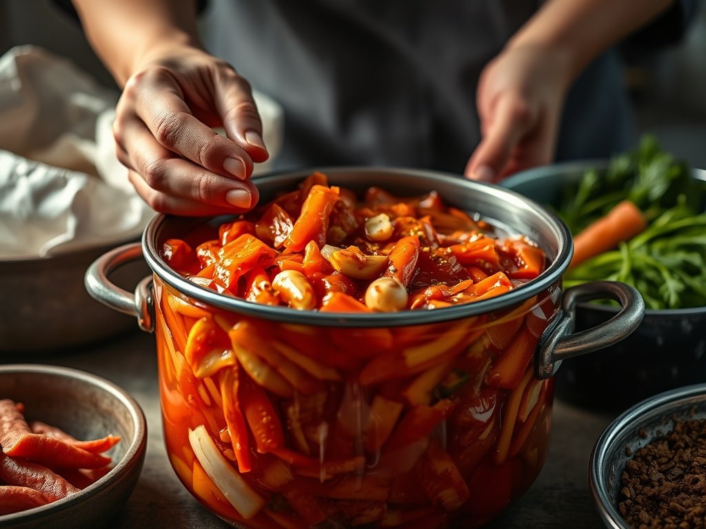 Close-up van het fermentatieproces van kimchi met ingrediënten zoals kool en wortelen, handen mengen de ingrediënten in een echte keuken met natuurlijke verlichting.