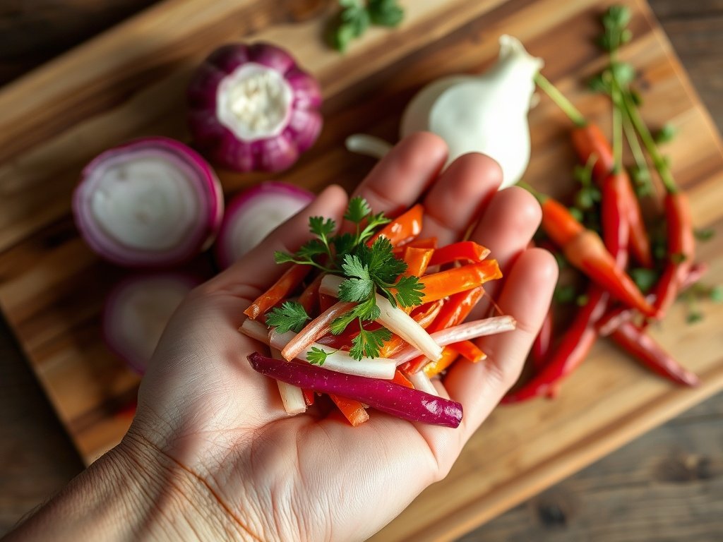 Close-up van een hand die verse ingrediënten voor kimchi, zoals Chinese kool en radijs, voorbereidt op een houten snijplank met zachte aardetinten en natuurlijke groenen.