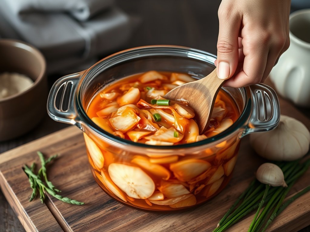 Een hand voegt zelfgemaakte kimchi toe aan een glazen pot, omringd door verse ingrediënten zoals kool, wortels en knoflook in een rustieke keuken.