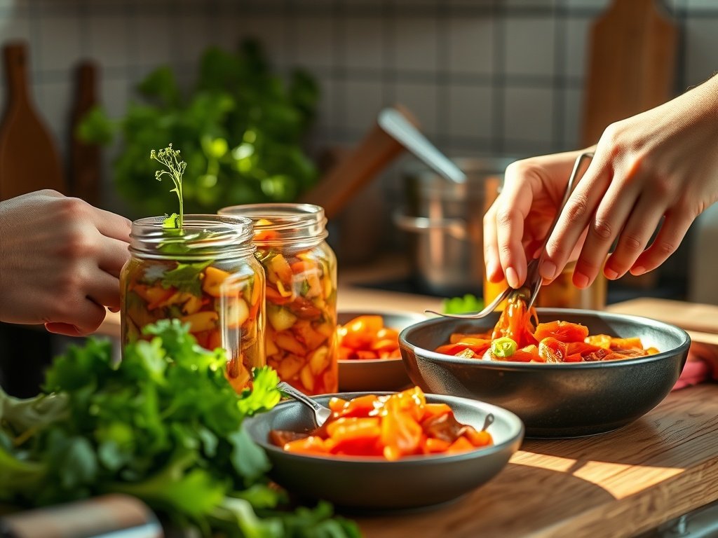 Close-up van handen die kimchi en verse groenten voorbereiden in een sfeervolle keuken, met jars van kimchi en kookgerei op de achtergrond.