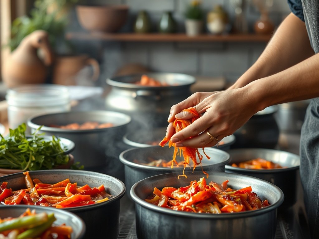 Een realistische foto van een ambachtelijke keuken waar een persoon kimchi aan het bakken is, met close-ups van handen die verse groenten en specerijen voorbereiden in een sfeervolle setting.