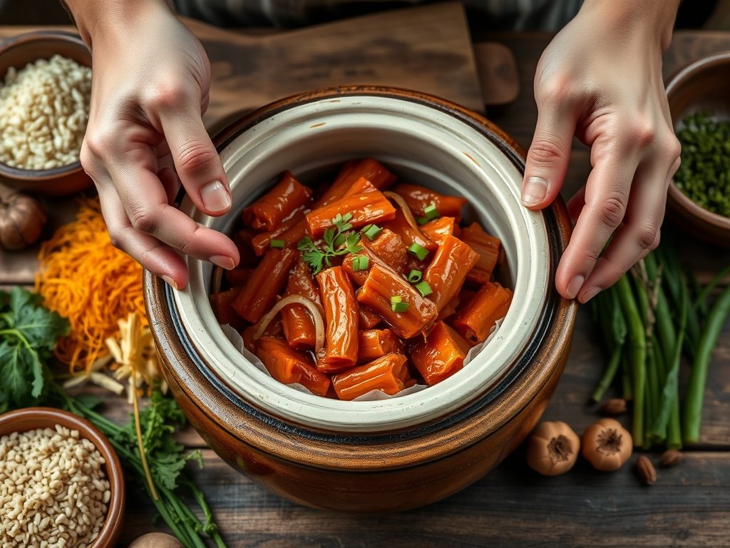 Close-up van kimchi in een keramische kom, omringd door verse ingrediënten zoals rijst en groenten, met handen die een rijstgerecht bereiden in een rustieke keuken.