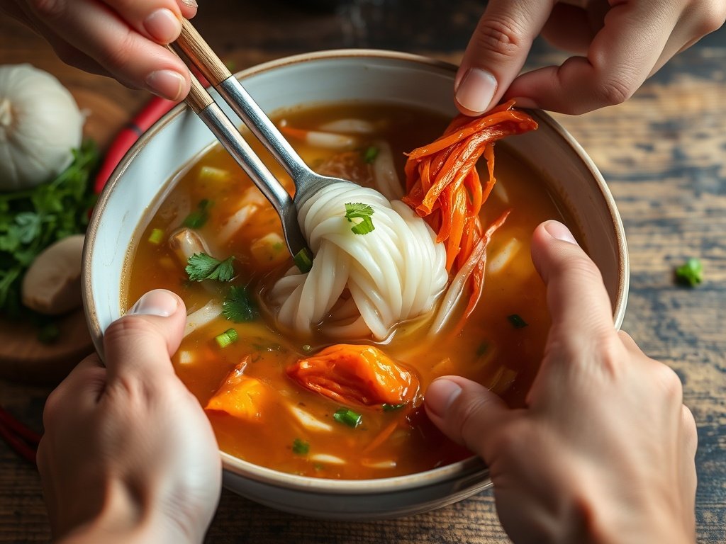Close-up van een kom dampende soep met kimchi en verse ingrediënten, waarbij handen bezig zijn met het toevoegen van kimchi, verlicht door zacht daglicht.