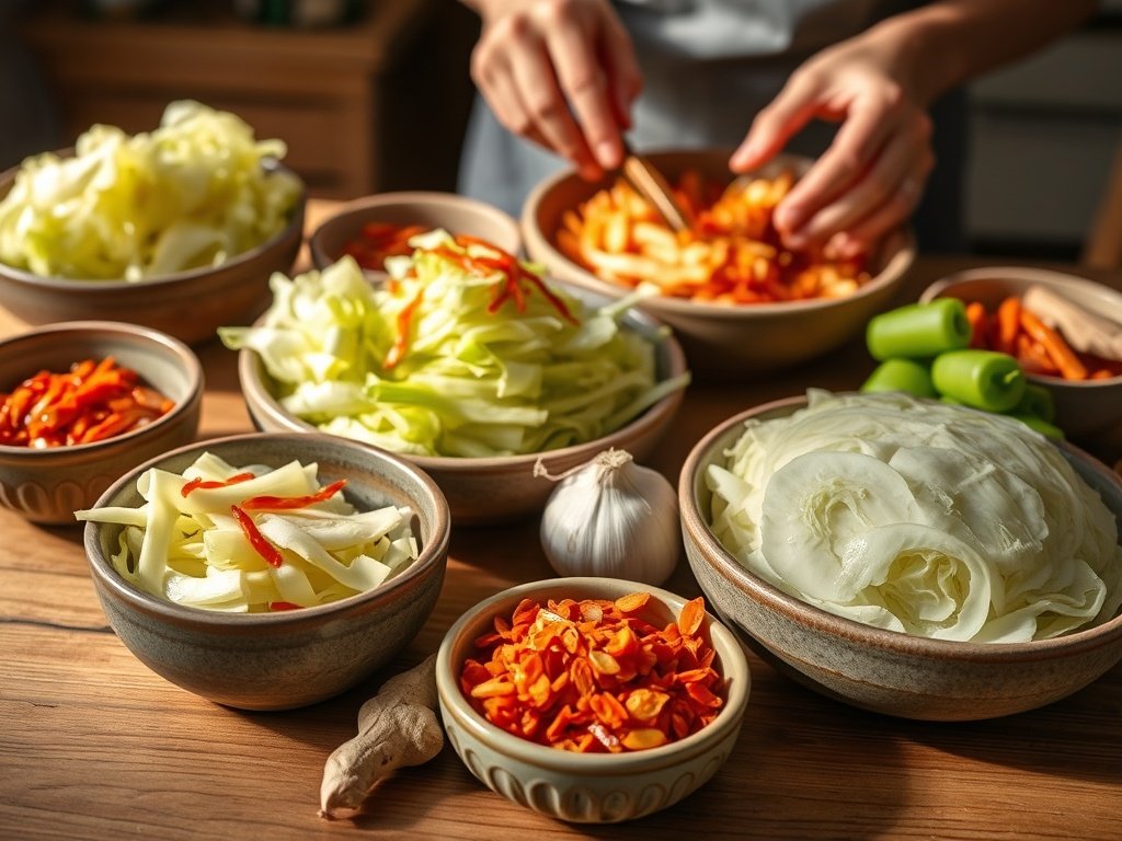 Close-up van kimchi-ingrediënten zoals napa-kool, knoflook en chili-vlokken, kunstzinnig gerangschikt in keramische kommen op een houten tafel, met zachte natuurlijke verlichting die de texturen benadrukt en een vredige sfeer rondom het fermentproces creëert.
