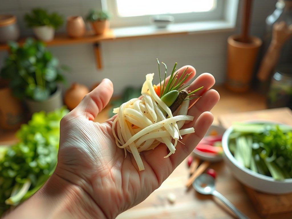 Close-up van een hand die verse ingrediënten voor kimchi zoals napa-kool en daikonradijs voorbereidt in een lichte keuken, met focus op de texturen en kleuren van de ingrediënten.