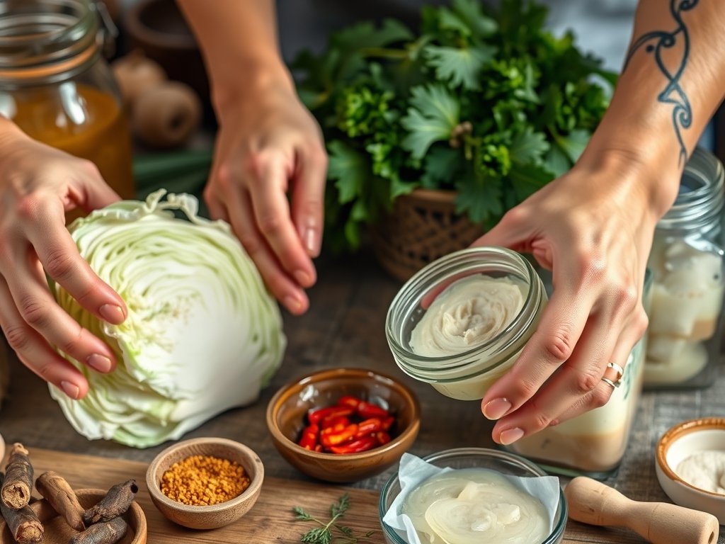 Close-up van handen die ingrediënten zoals kool en specerijen voorbereiden voor fermentatie in een gezellige keuken, met aandacht voor hygiëne bij fermentatie en het natuurlijke gebruik van aardetinten en groen.