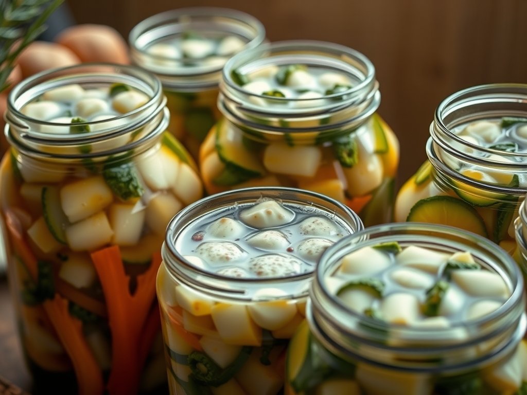 Close-up van over-gefermenteerde groenten in glazen potten met bubbelende texturen en troebel vocht, omgeven door aardse tinten van hout en keramiek, verlicht door zacht daglicht.