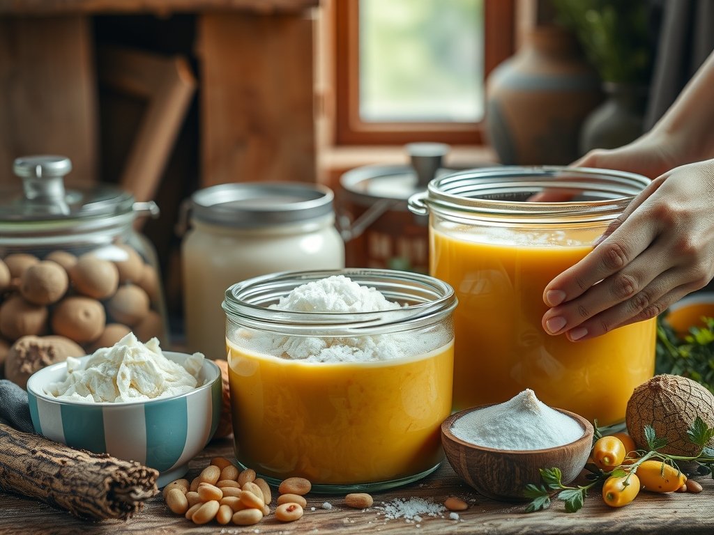 Close-up van glazen potten met zout en suiker, omringd door ingrediënten voor fermentatie in een warme keukenomgeving.