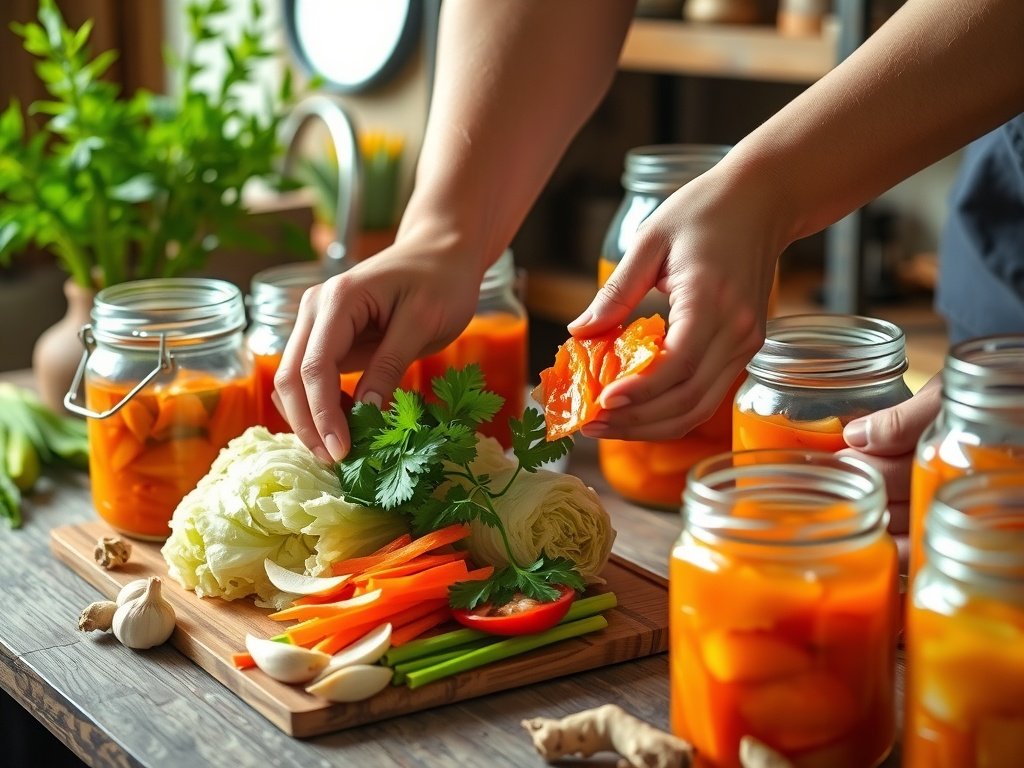 Close-up van handen die kimchi voorbereiden met verse ingrediënten in een gezellige keuken, wat de rust en informatieve sfeer benadrukt.