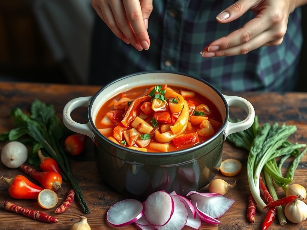 Close-up van een pot kimchi omringd door verse ingrediënten zoals kool en radijs, met handen die de kimchi voorbereiden op een houten tafel in zacht daglicht.