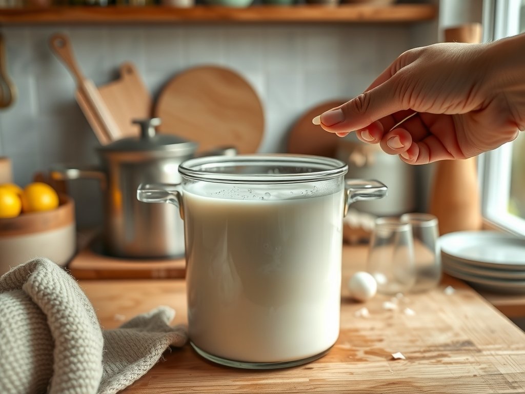 Een hand bereidt kefir in een gezellige keuken, omringd door glazen potten met melkbrei en natuurlijke materialen, verlicht door zacht daglicht.