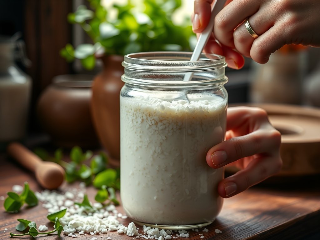 Kefirkorrels worden voorzichtig geroerd in een glazen pot, omgeven door aardetinten en natuurlijke groenen in een gezellige keukensetting.