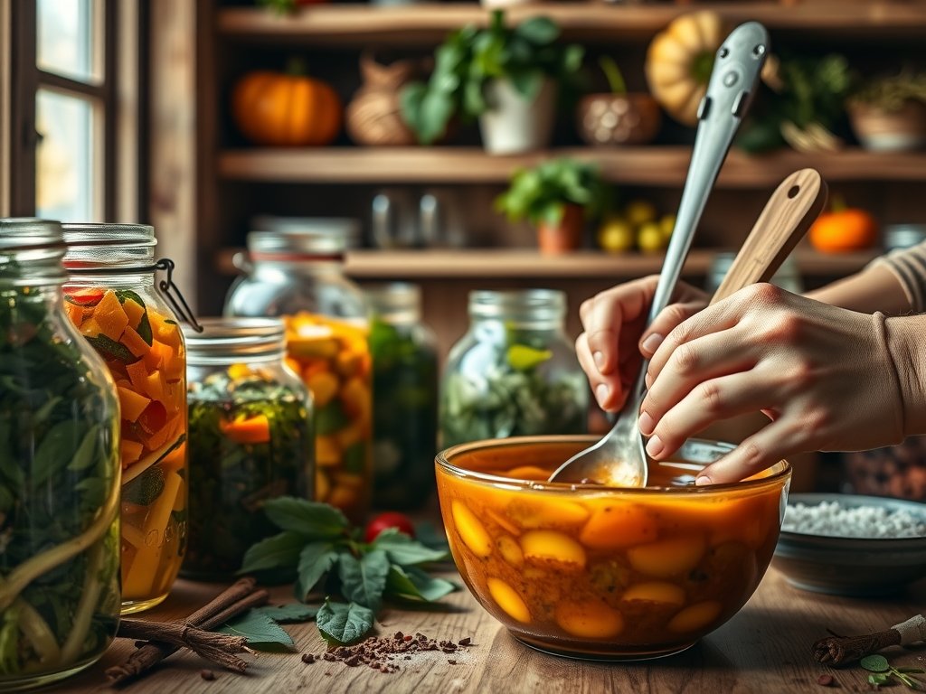 Een fermentatiewerkplek met kleurrijke potten vol groenten, kruiden en specerijen, verlicht door natuurlijk licht, met een keramisch kom waarin een mengsel wordt geroerd.