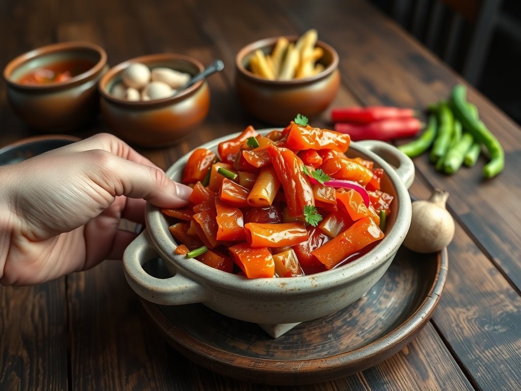 Close-up van een keramisch schaaltje met kleurrijke, zelfgemaakte kimchi geserveerd als bijgerecht op een rustieke houten tafel, omringd door verse ingrediënten zoals radijs en knoflook.