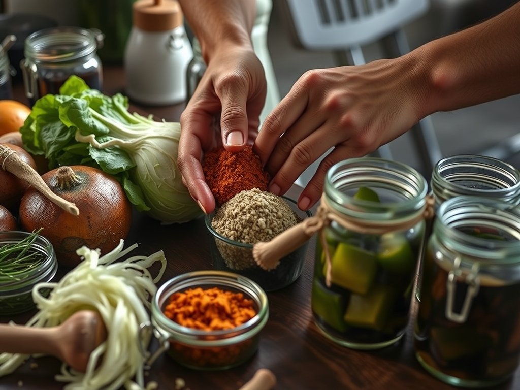 Close-up van handen die verschillende ingrediënten zoals kool en specerijen voorbereiden voor fermentatie in een natuurlijke keukenomgeving met zacht daglicht.