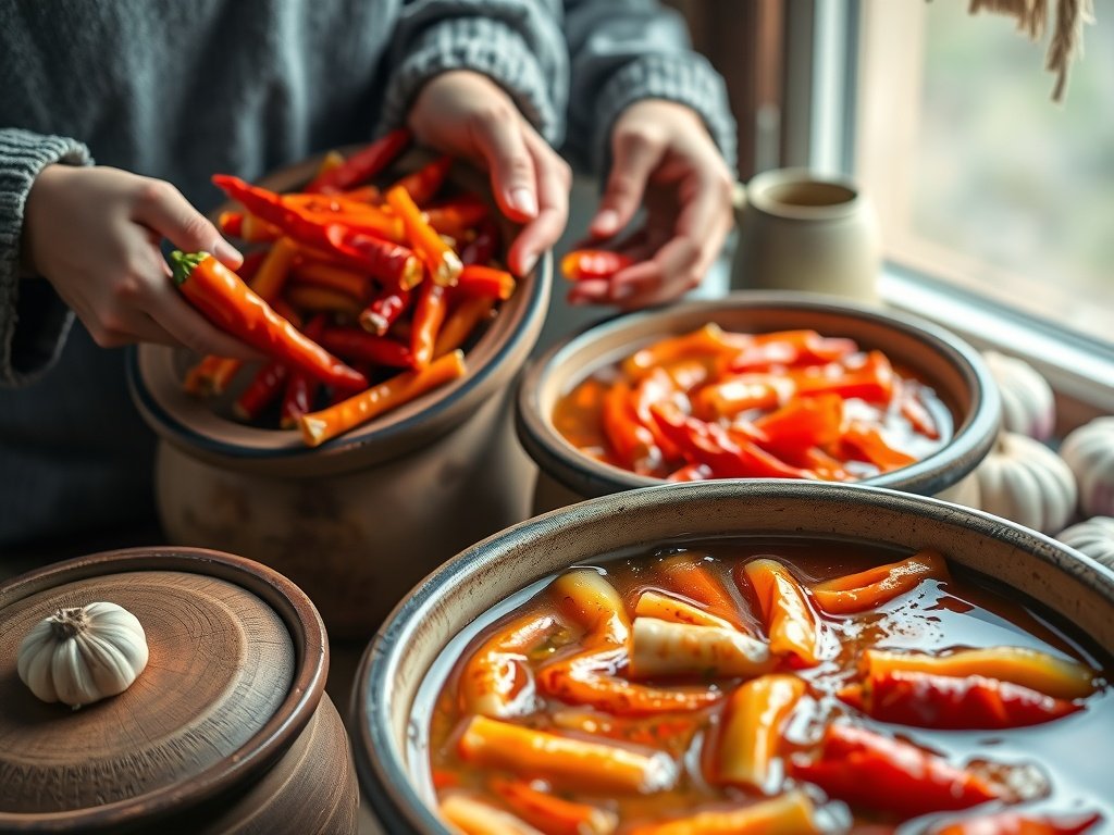 Dichtbij opname van het kimchi-fermentatieproces met pittige ingrediënten zoals chilipepers en knoflook, handen die de kimchi bereiden tussen keramische potten in een rustige, aardse keukenomgeving.