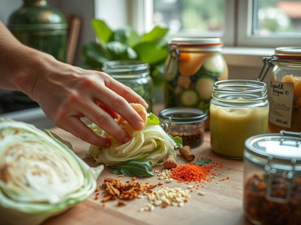 Dichtbijopname van handen die zorgvuldig ingrediënten zoals kool en specerijen voorbereiden voor fermentatie in een sfeervolle keuken met natuurlijk licht.