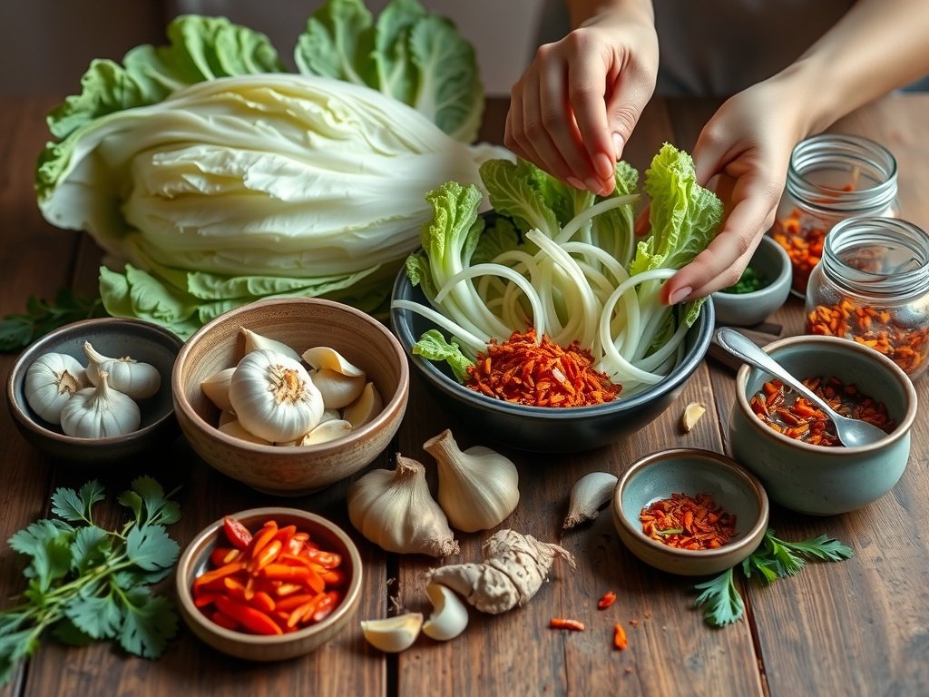 Close-up van verse ingrediënten voor het maken van kimchi, waaronder Napa-kool, knoflook, gember en rode pepervlokken, op een rustieke houten tafel, met zachte natuurlijke verlichting.