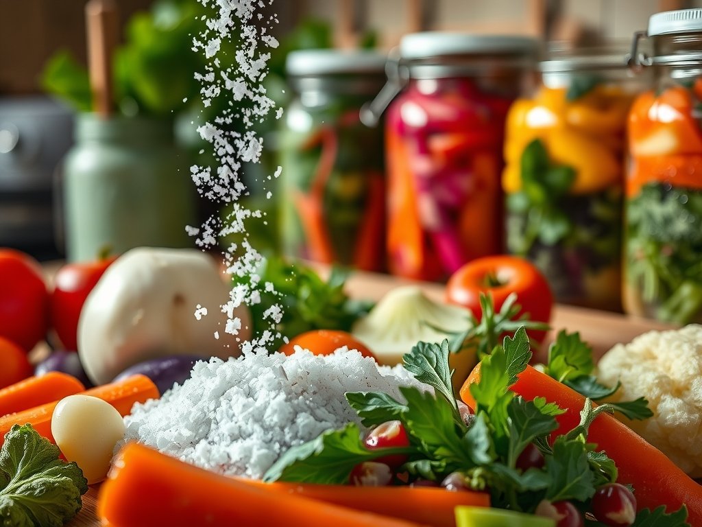 Coarse sea salt wordt over frisse groenten gestrooid in een rustieke keuken, met op de achtergrond glazen potten van fermenterende groenten en kruiden, die de fermentatieproces benadrukken.