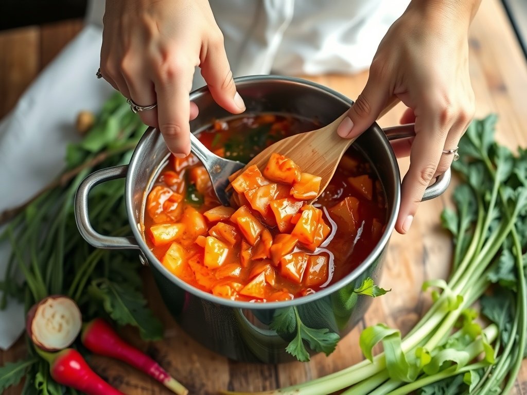Close-up van een pot zelfgemaakte kimchi omringd door verse groenten, met handen die de kimchi aanraken op een houten tafel in natuurlijk licht.