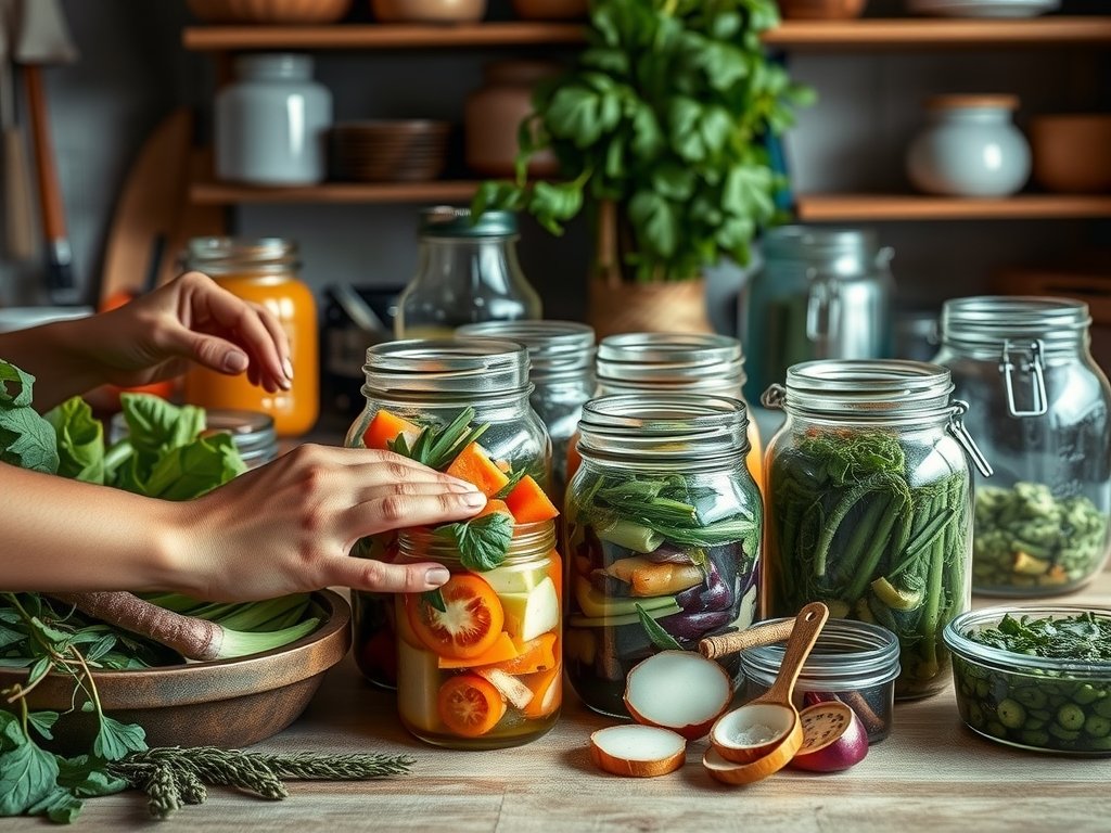 Close-up van handen die verse groenten verwerken voor fermentatie, met potten en texturen van gefermenteerd voedsel in een gezellige keuken, alles in zachte daglicht en aardetinten.