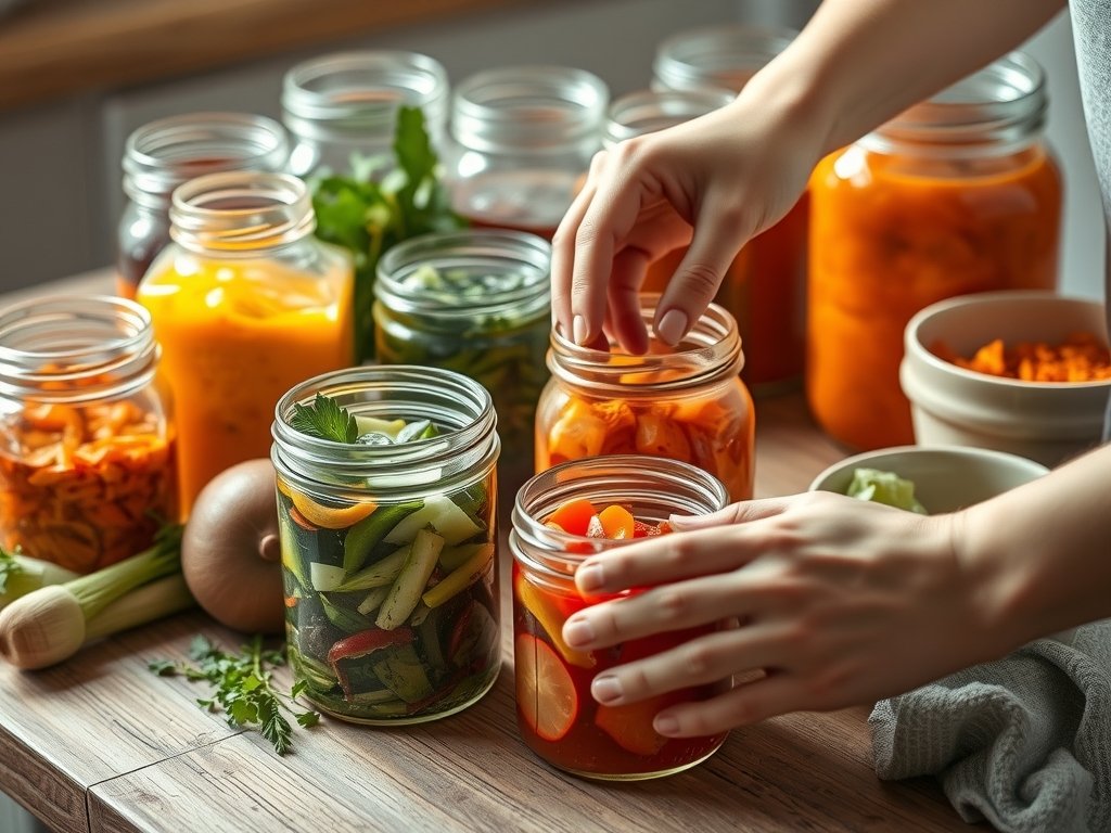 Dichtbijopname van handen die zorgvuldige groenten voorbereiden voor fermentatie, omringd door kleurrijke ingrediënten in potten op een houten tafel, verlicht door zacht natuurlijk licht.
