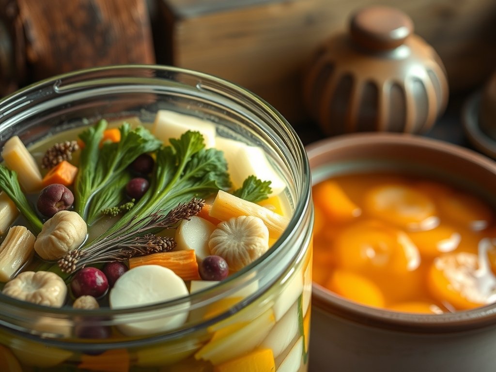 Close-up van rauwe en verhitte fermentatieprocessen met groenten, kruiden en specerijen in glazen en keramische potten, omgeven door aardetinten en zacht daglicht.